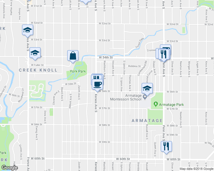 map of restaurants, bars, coffee shops, grocery stores, and more near 5524 Vincent Avenue South in Minneapolis