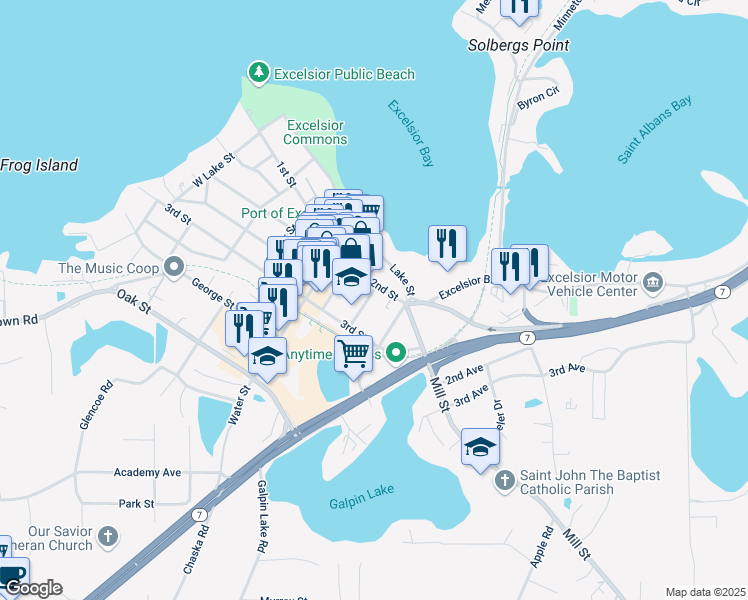 map of restaurants, bars, coffee shops, grocery stores, and more near 511 2nd Street in Excelsior