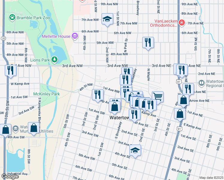map of restaurants, bars, coffee shops, grocery stores, and more near 101 1st Avenue Northwest in Watertown