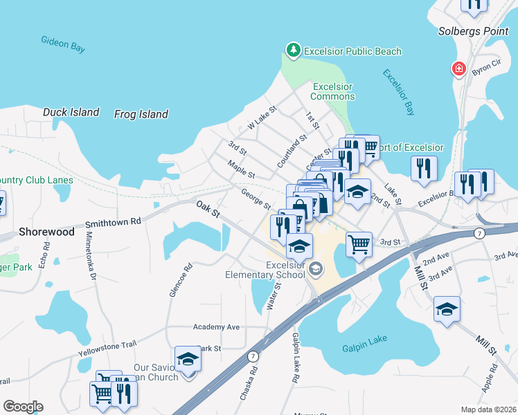 map of restaurants, bars, coffee shops, grocery stores, and more near 209 George Street in Excelsior