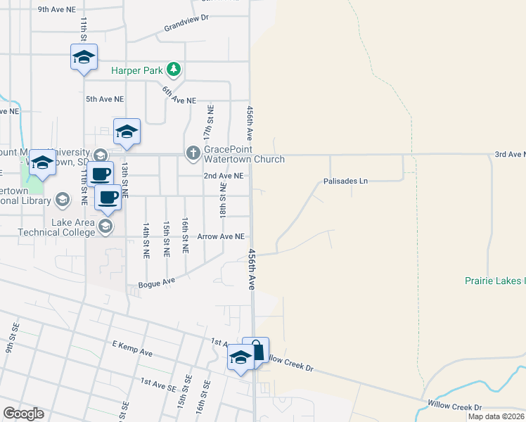 map of restaurants, bars, coffee shops, grocery stores, and more near 140-168 19th Street Northeast in Watertown