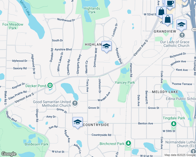 map of restaurants, bars, coffee shops, grocery stores, and more near 5600 Johnson Drive in Minneapolis