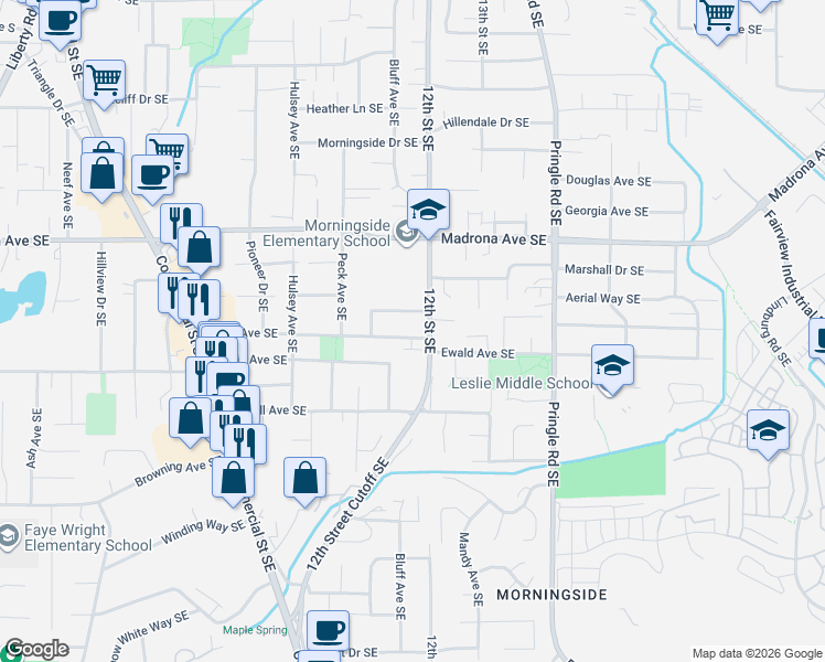 map of restaurants, bars, coffee shops, grocery stores, and more near 1164 Shamrock Drive Southeast in Salem
