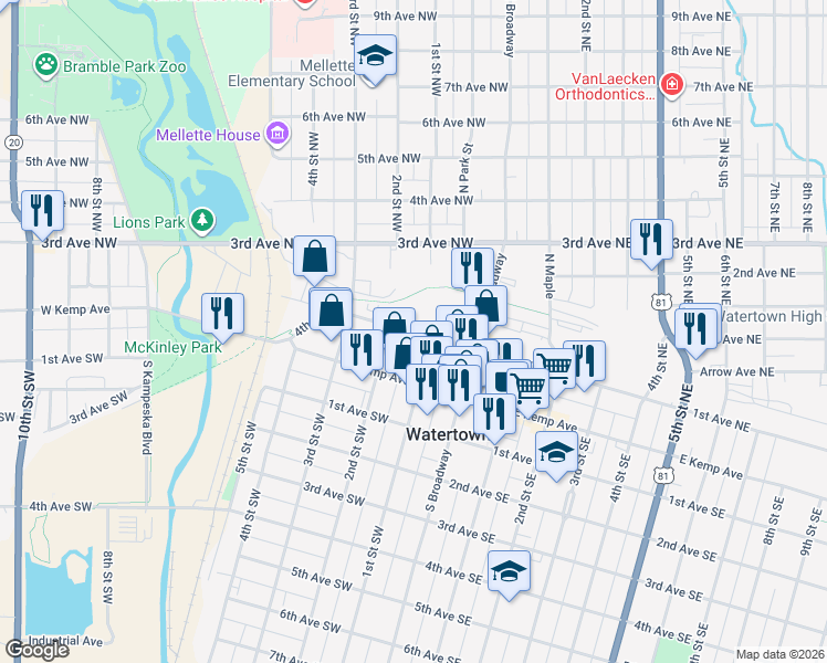 map of restaurants, bars, coffee shops, grocery stores, and more near 101 1st Avenue Northwest in Watertown