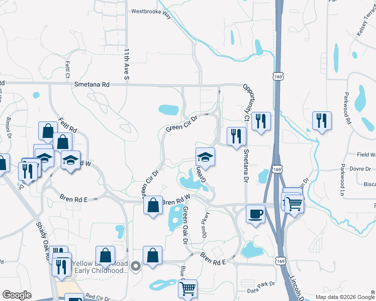 map of restaurants, bars, coffee shops, grocery stores, and more near 5697 Green Circle Drive in Minnetonka