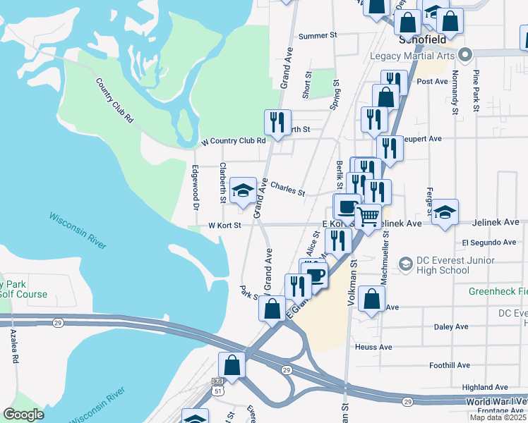 map of restaurants, bars, coffee shops, grocery stores, and more near 2121 Grand Avenue in Schofield