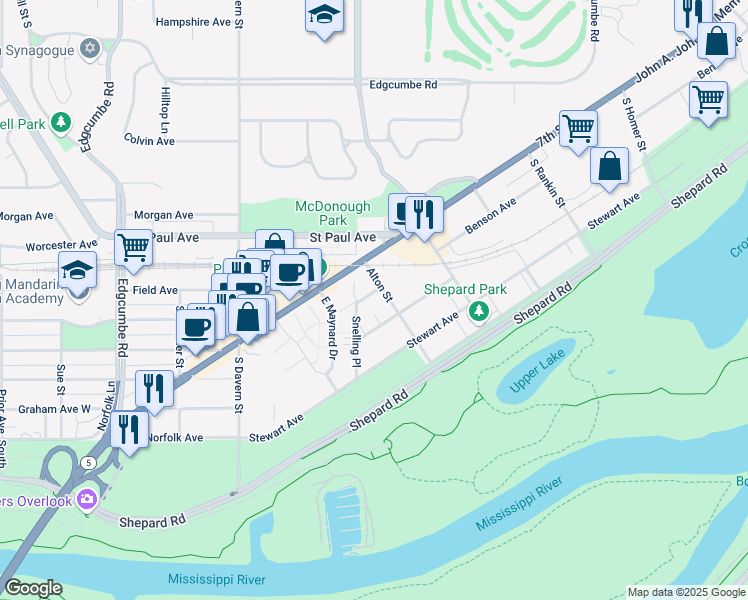 map of restaurants, bars, coffee shops, grocery stores, and more near 2396 Benson Avenue in Saint Paul