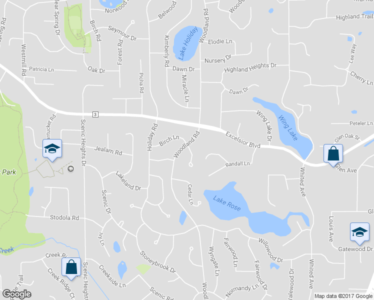 map of restaurants, bars, coffee shops, grocery stores, and more near 5537 Woodland Road in Minnetonka