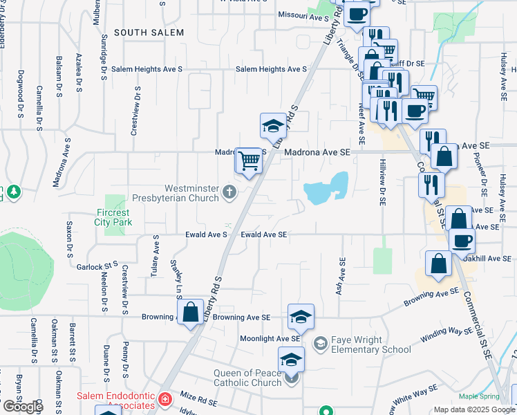 map of restaurants, bars, coffee shops, grocery stores, and more near 3652-3668 Liberty Road South in Salem