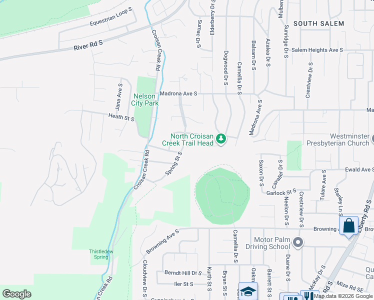 map of restaurants, bars, coffee shops, grocery stores, and more near 3696 Spring Street South in Salem