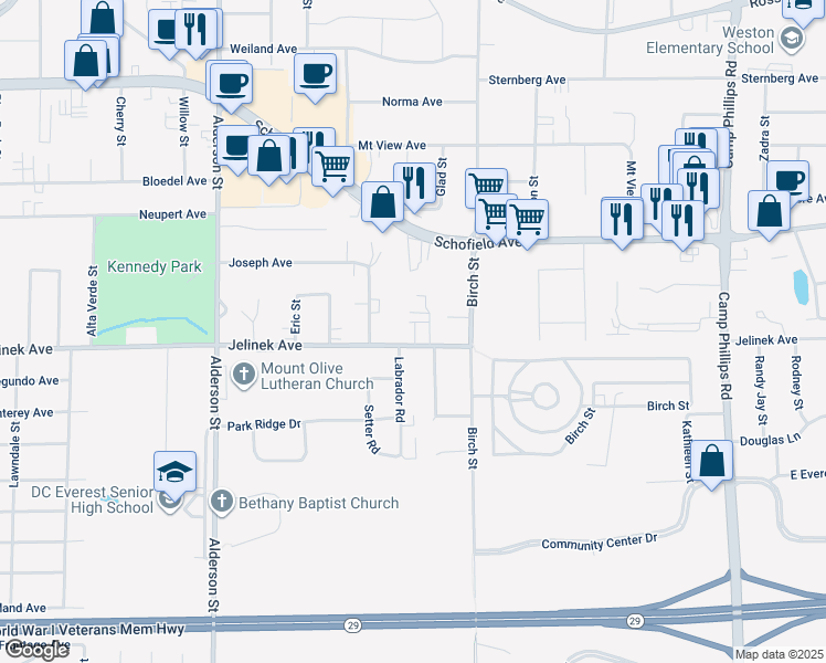 map of restaurants, bars, coffee shops, grocery stores, and more near 3104 Jelinek Avenue in Schofield
