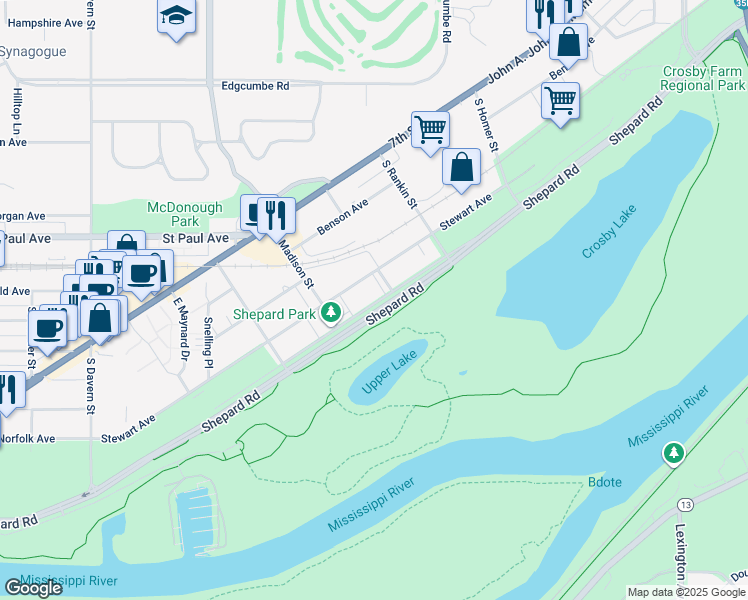 map of restaurants, bars, coffee shops, grocery stores, and more near 2275 Youngman Avenue West in Saint Paul