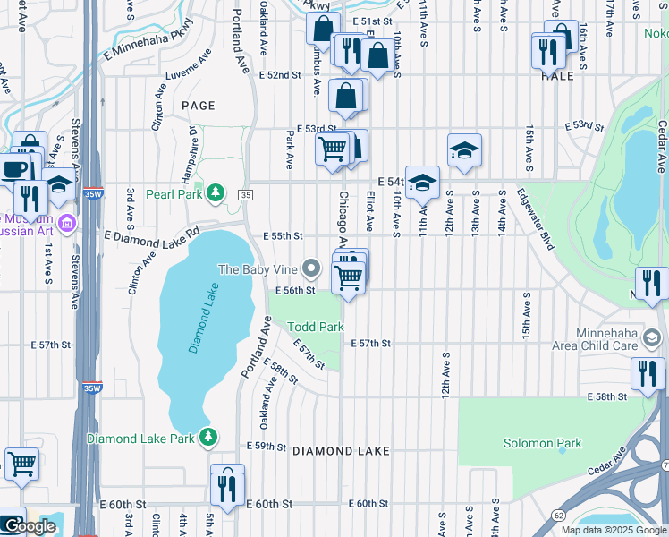 map of restaurants, bars, coffee shops, grocery stores, and more near 5527 Chicago Avenue in Minneapolis