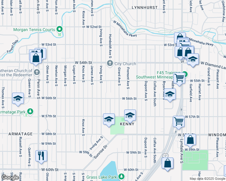 map of restaurants, bars, coffee shops, grocery stores, and more near 5515 Humboldt Circle in Minneapolis