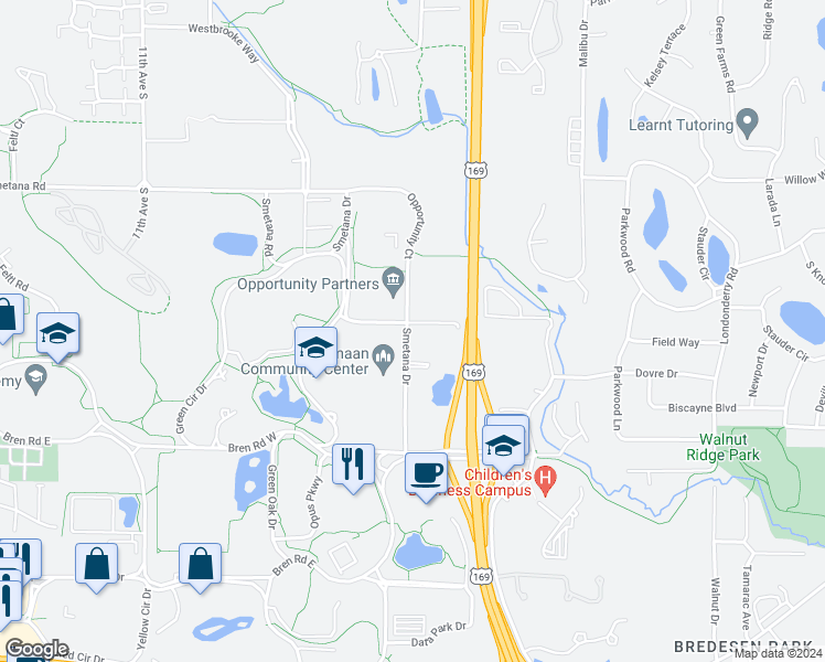 map of restaurants, bars, coffee shops, grocery stores, and more near 5501 Opportunity Court in Hopkins