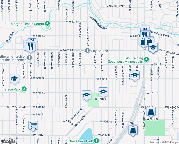 map of restaurants, bars, coffee shops, grocery stores, and more near 5515 Humboldt Circle in Minneapolis