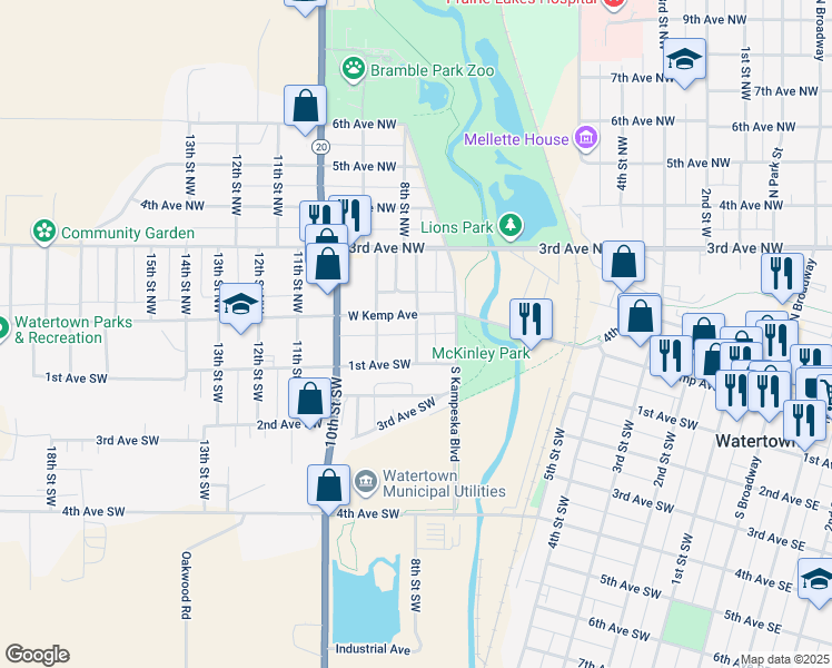 map of restaurants, bars, coffee shops, grocery stores, and more near 40 8th Street Southwest in Watertown