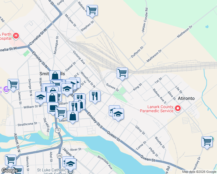map of restaurants, bars, coffee shops, grocery stores, and more near 6 Sussex Street in Smiths Falls