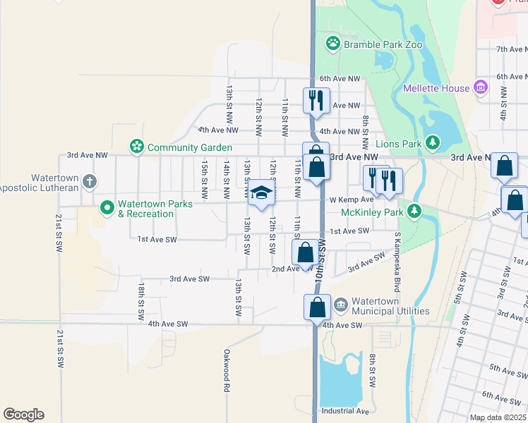 map of restaurants, bars, coffee shops, grocery stores, and more near 5 12th Street Southwest in Watertown
