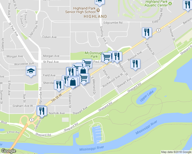 map of restaurants, bars, coffee shops, grocery stores, and more near 1292 East Maynard Drive in Saint Paul