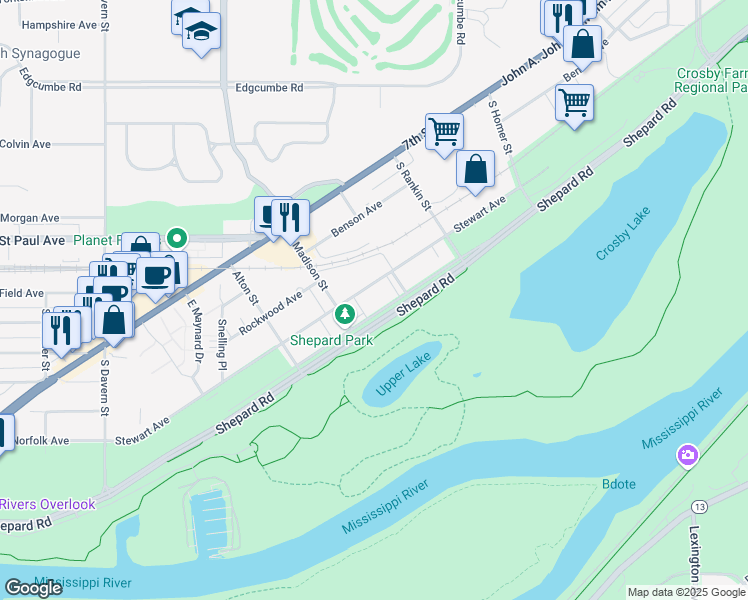 map of restaurants, bars, coffee shops, grocery stores, and more near 2275 Youngman Avenue West in Saint Paul