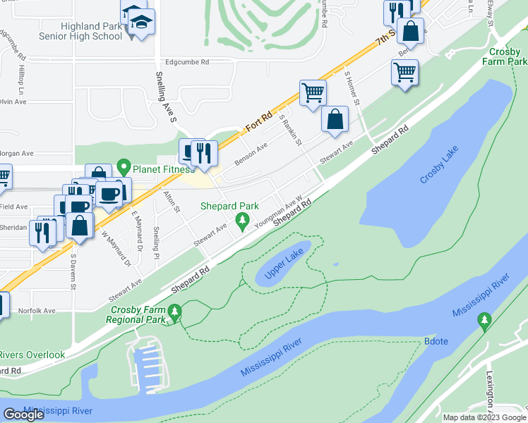map of restaurants, bars, coffee shops, grocery stores, and more near 2275 Youngman Avenue West in Saint Paul