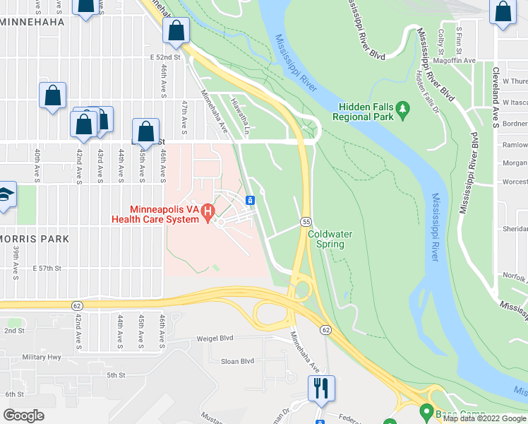map of restaurants, bars, coffee shops, grocery stores, and more near 5513 Minnehaha Avenue in Minneapolis