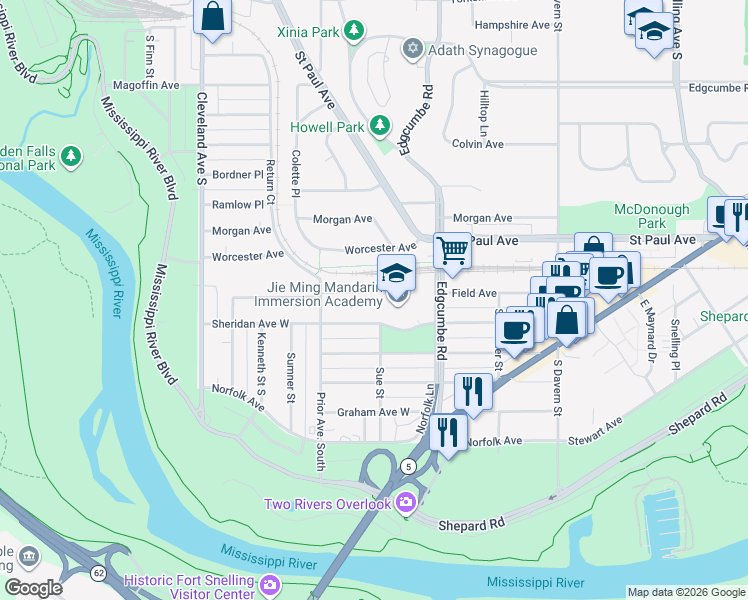 map of restaurants, bars, coffee shops, grocery stores, and more near 1888 Field Avenue in Saint Paul