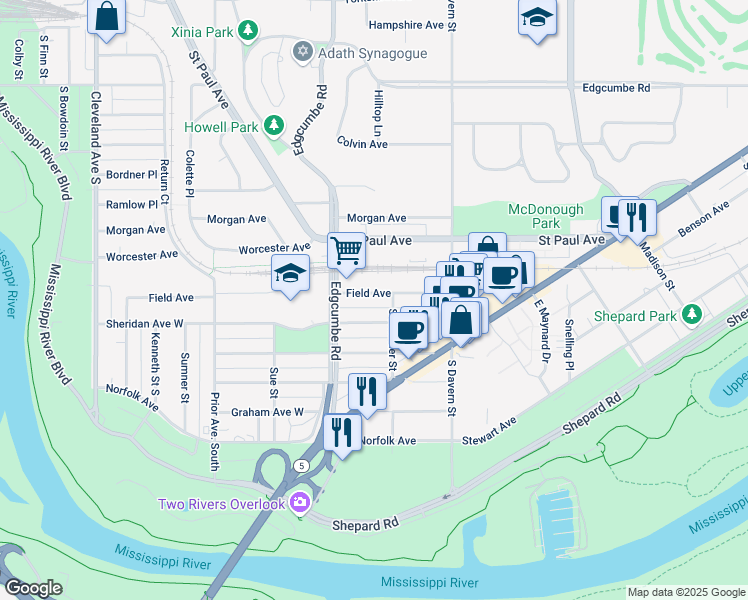 map of restaurants, bars, coffee shops, grocery stores, and more near 1774 Field Avenue in Saint Paul