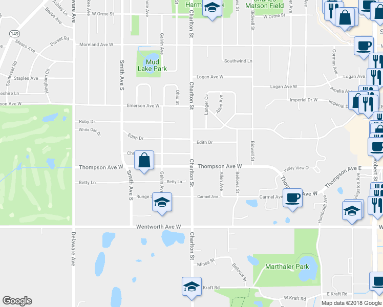 map of restaurants, bars, coffee shops, grocery stores, and more near 201 Christine Lane in West Saint Paul