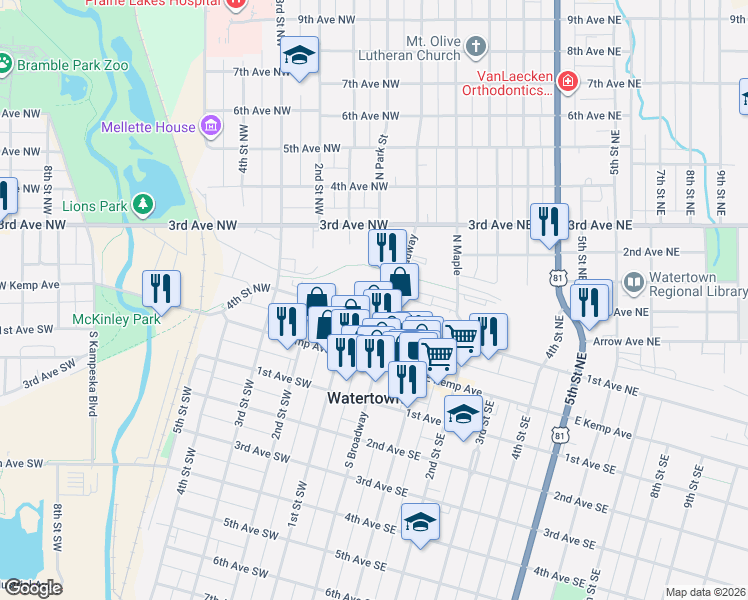 map of restaurants, bars, coffee shops, grocery stores, and more near 191 North Broadway in Watertown