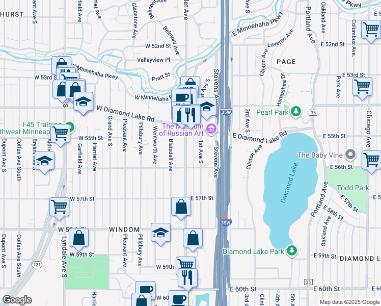 map of restaurants, bars, coffee shops, grocery stores, and more near 5531 Nicollet Avenue in Minneapolis