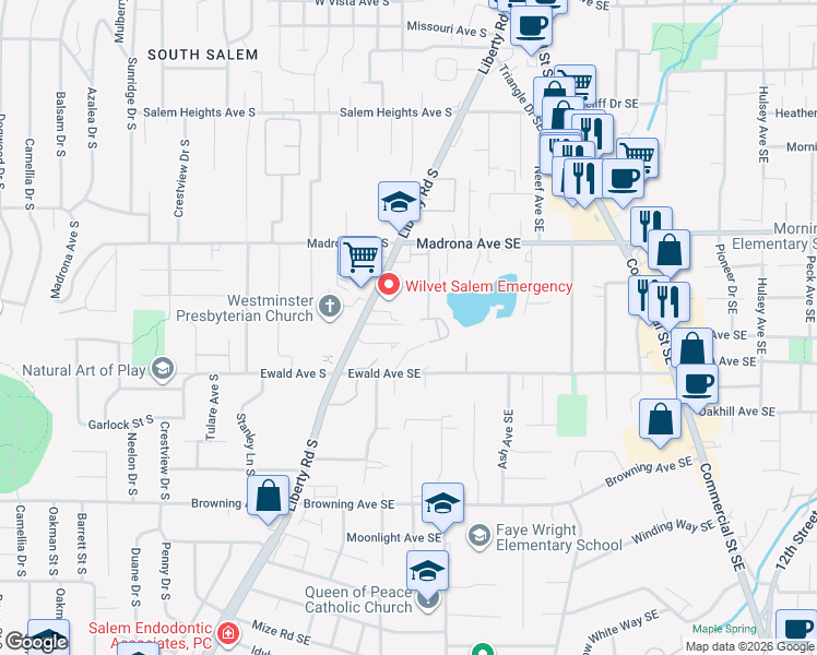 map of restaurants, bars, coffee shops, grocery stores, and more near 3703 Tunbridge Wells Street Southeast in Salem