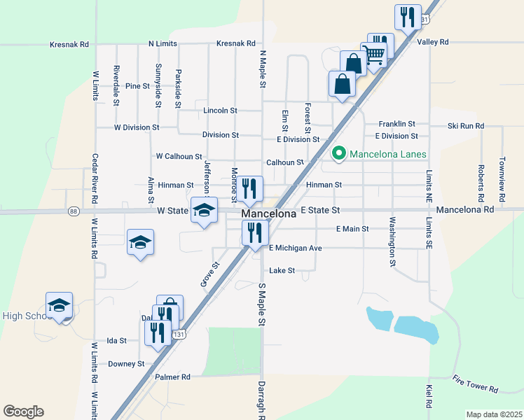 map of restaurants, bars, coffee shops, grocery stores, and more near 110 West State Street in Mancelona