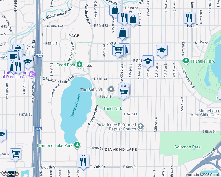 map of restaurants, bars, coffee shops, grocery stores, and more near 5520 Columbus Avenue in Minneapolis