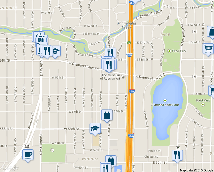 map of restaurants, bars, coffee shops, grocery stores, and more near 5529 Blaisdell Avenue in Minneapolis