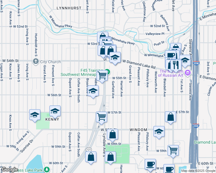 map of restaurants, bars, coffee shops, grocery stores, and more near 5517 Lyndale Avenue South in Minneapolis