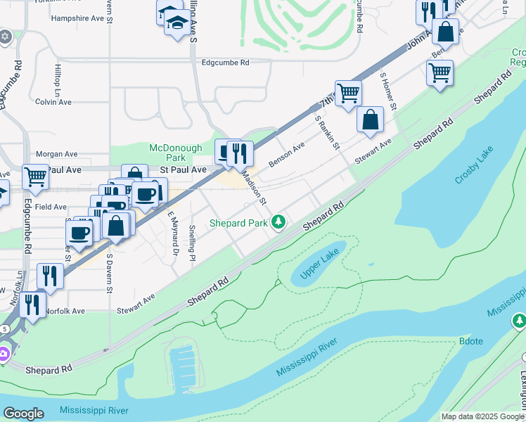 map of restaurants, bars, coffee shops, grocery stores, and more near 1305 Madison Street in Saint Paul