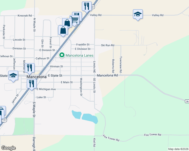 map of restaurants, bars, coffee shops, grocery stores, and more near County Highway 38 in Mancelona