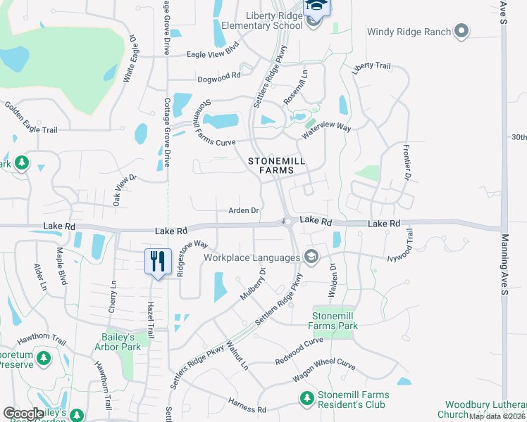 map of restaurants, bars, coffee shops, grocery stores, and more near 3221 Arden Drive in Woodbury