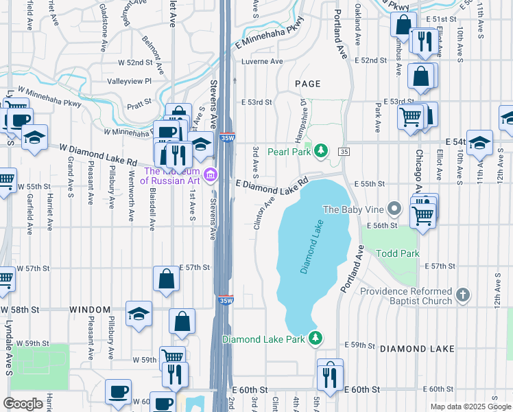 map of restaurants, bars, coffee shops, grocery stores, and more near 5516 Clinton Avenue in Minneapolis
