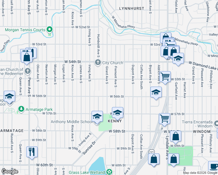 map of restaurants, bars, coffee shops, grocery stores, and more near 5529 Girard Avenue South in Minneapolis