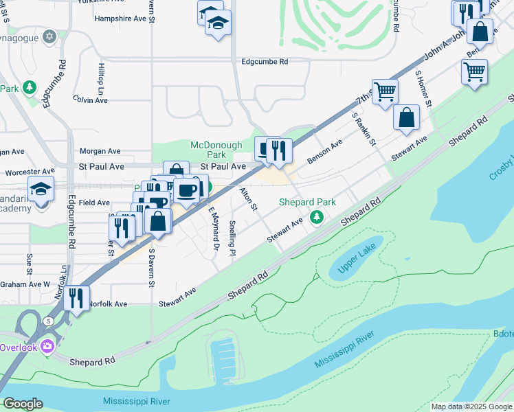 map of restaurants, bars, coffee shops, grocery stores, and more near 1306 Alton Street in Saint Paul