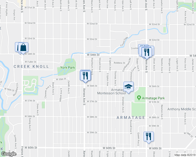 map of restaurants, bars, coffee shops, grocery stores, and more near 5524 Vincent Avenue South in Minneapolis