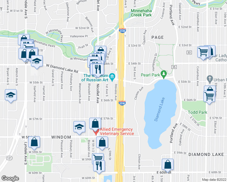 map of restaurants, bars, coffee shops, grocery stores, and more near 5528 Stevens Avenue in Minneapolis