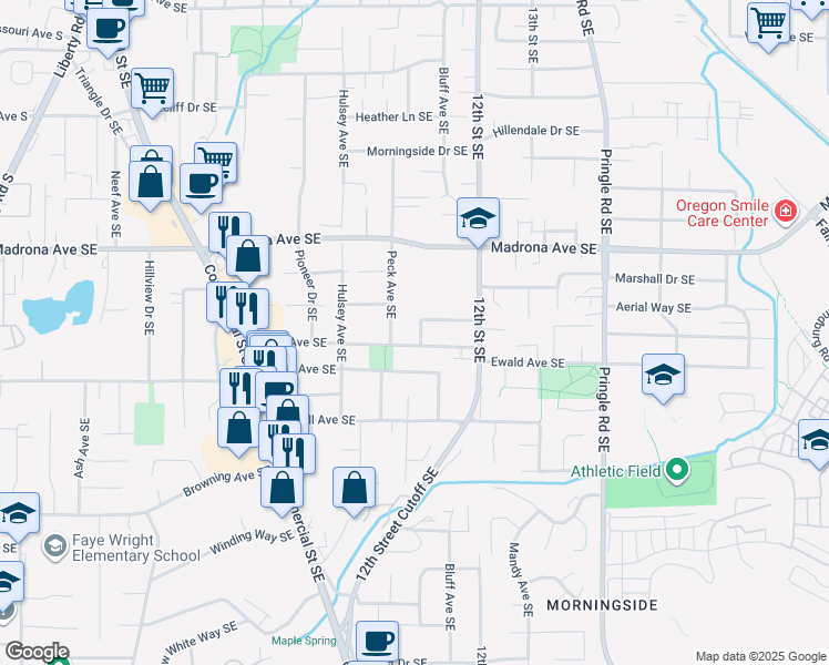 map of restaurants, bars, coffee shops, grocery stores, and more near 3687 Short Street Southeast in Salem