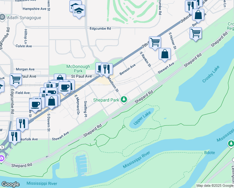 map of restaurants, bars, coffee shops, grocery stores, and more near 1305 Madison Street in Saint Paul
