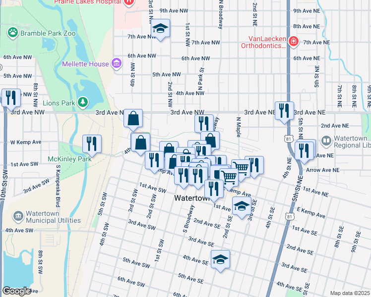 map of restaurants, bars, coffee shops, grocery stores, and more near 101 1st Avenue Northwest in Watertown