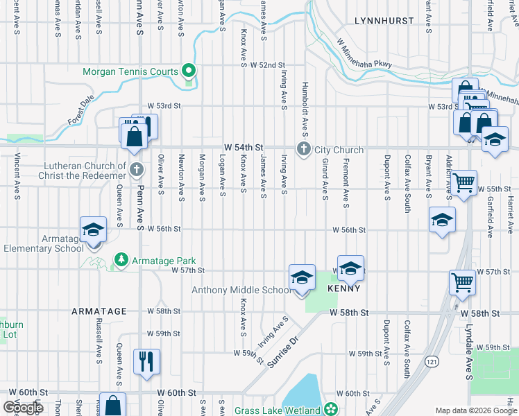map of restaurants, bars, coffee shops, grocery stores, and more near 5520 James Avenue South in Minneapolis