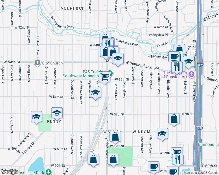 map of restaurants, bars, coffee shops, grocery stores, and more near 5517 Lyndale Avenue South in Minneapolis